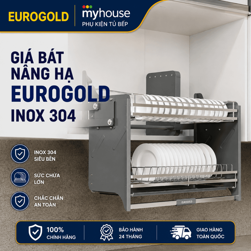 Kệ chén bát nâng hạ Inox 304 EUROGOLD EUT9190, EUT9180, EUT9170, Giá bát đĩa nâng hạ tủ bếp – kệ nâng hạ bát đĩa